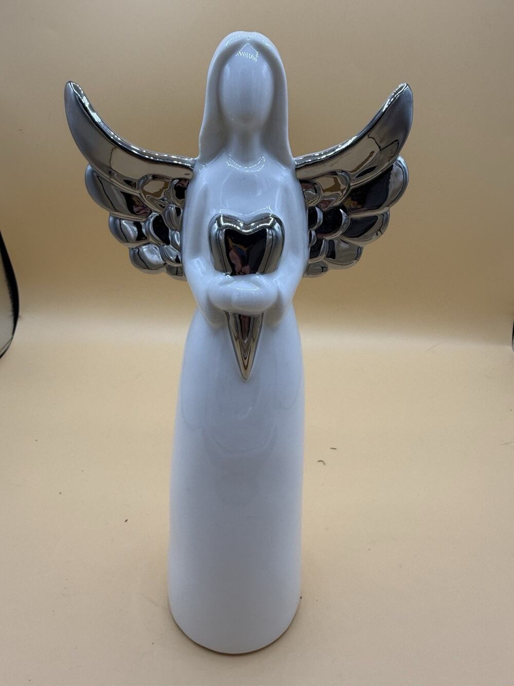 White Silver Angel Figurine Holding Heart Ceramic Porcelain 12” Decor